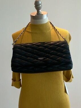 Classic DKNY Black Quilted Leather Shoulder Bag with Gold Chain